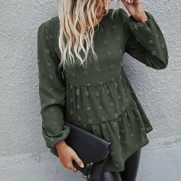 Classic Navy Blue Swiss Dot Ruffle Top Minimalist - Picture 10 of 12